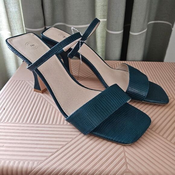 Urban Outfitters Heels Teal Textured Open Toe Strappy Cocktail Casual Wedding - Picture 12 of 12